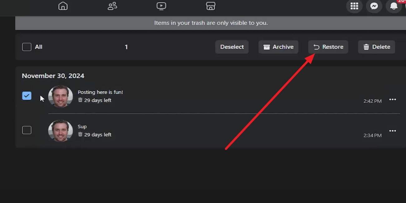 Facebookページで削除された投稿を復元する