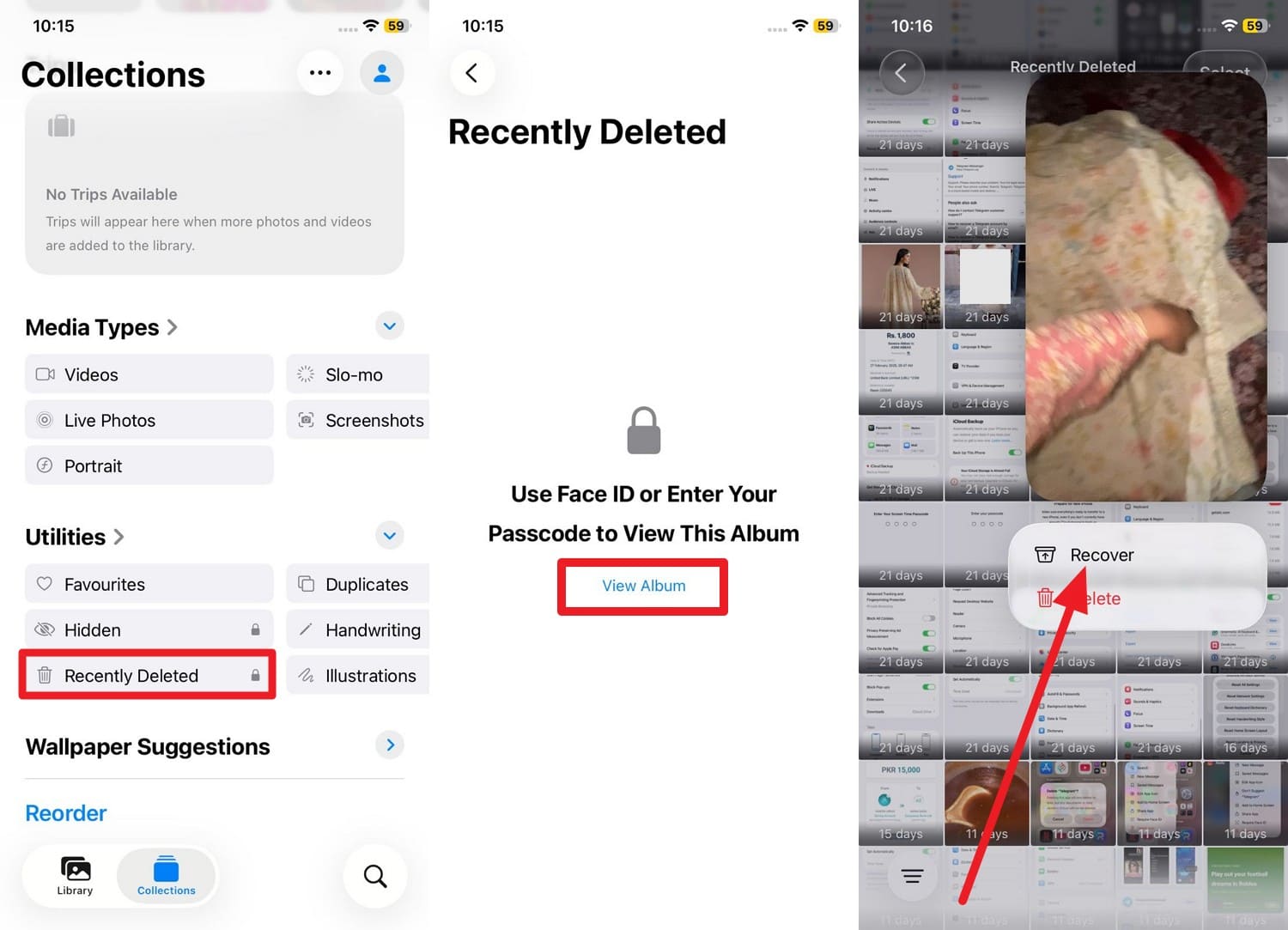 iPhoneの写真アプリで削除した画像を確認する