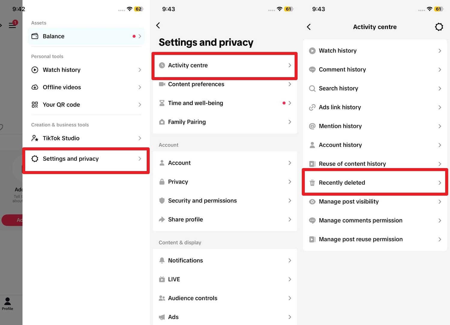 TikTokの設定画面で最近削除した項目を確認する手順