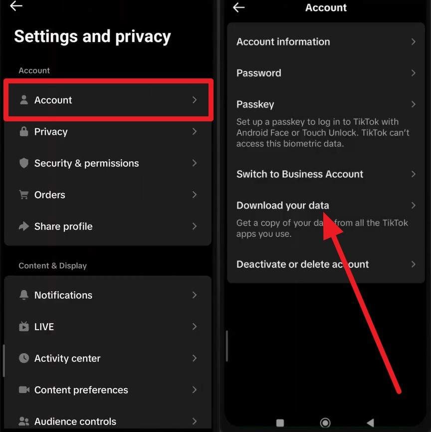 TikTokのデータをダウンロードするリクエスト画面