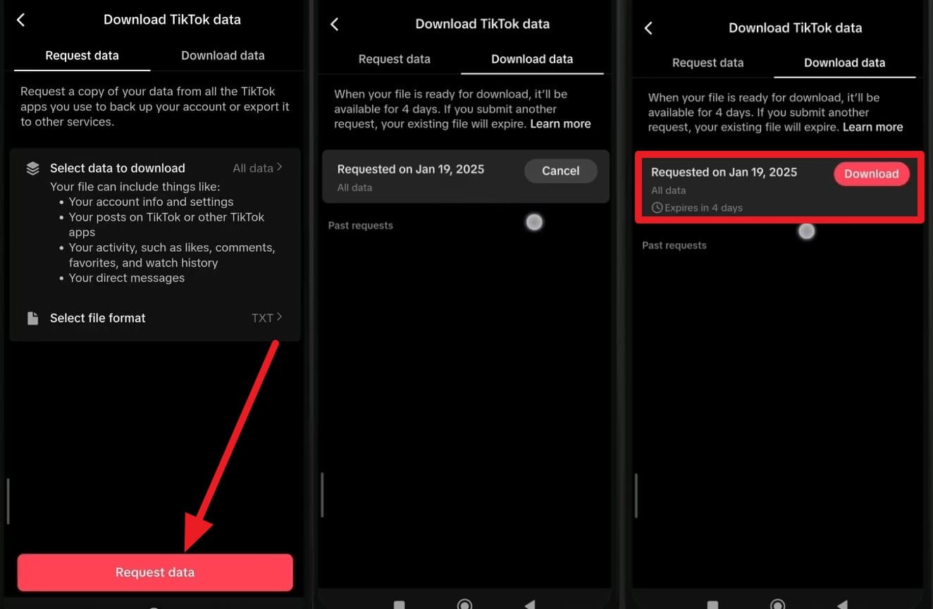 TikTokデータのダウンロードリクエスト完了画面