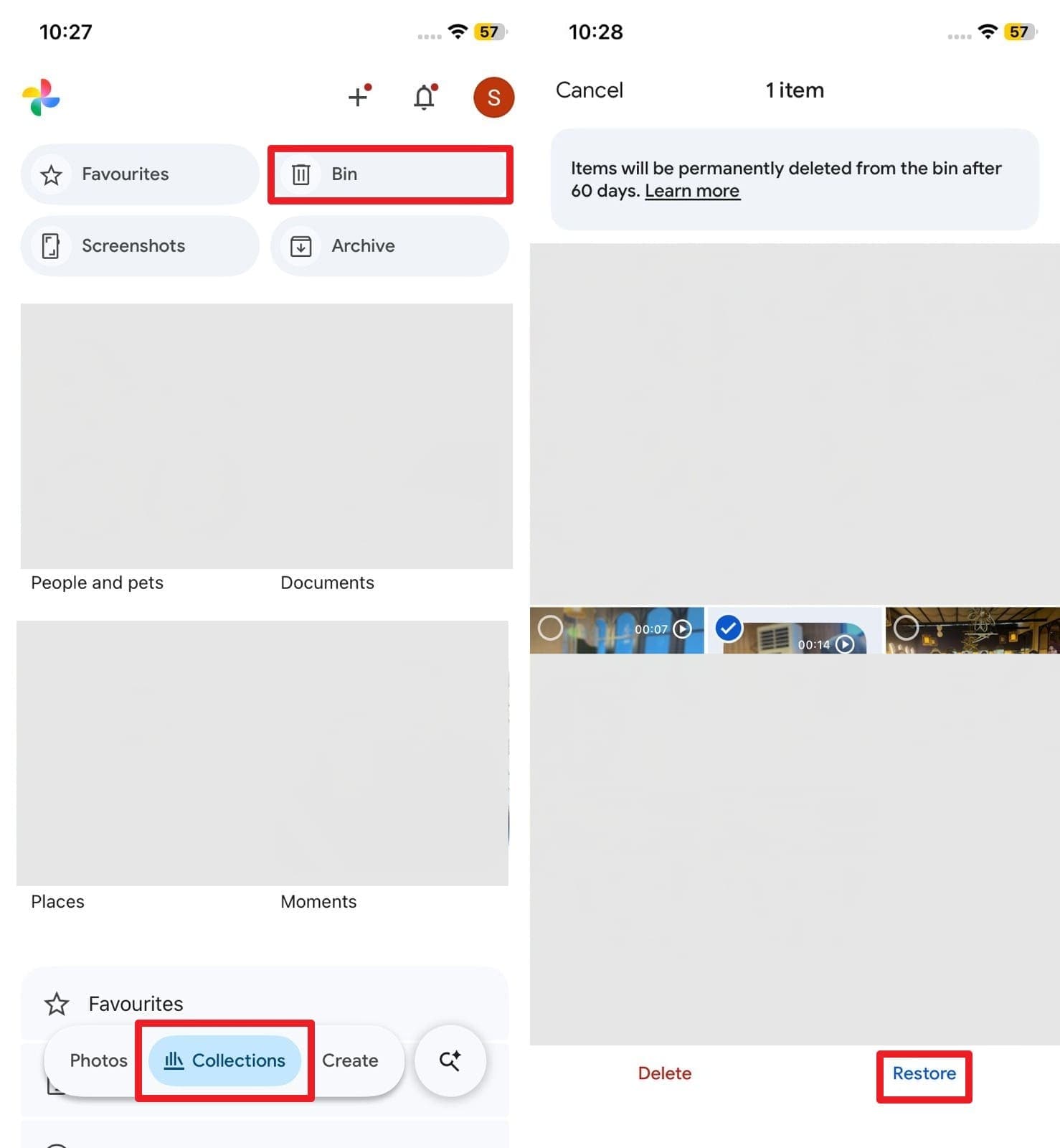 Googleフォトのゴミ箱から動画を復元する