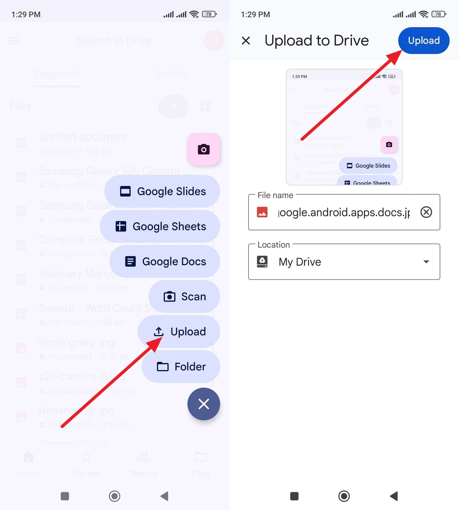 tap on the upload buttons