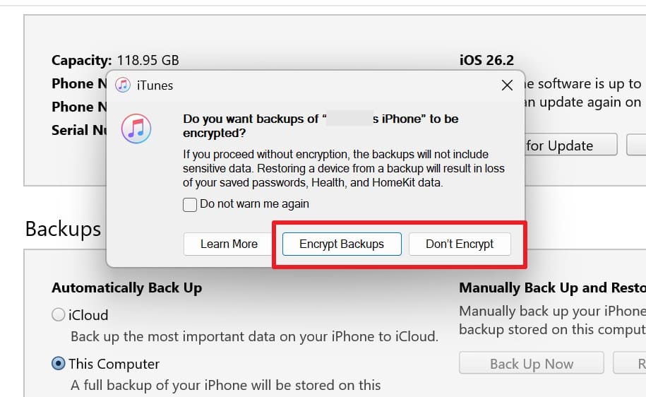 choose to encrypt or decrypt backup