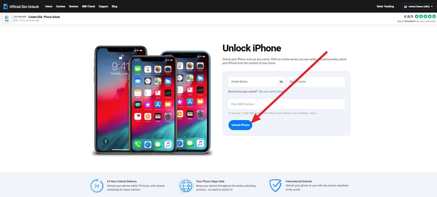 choose the unlock phone button