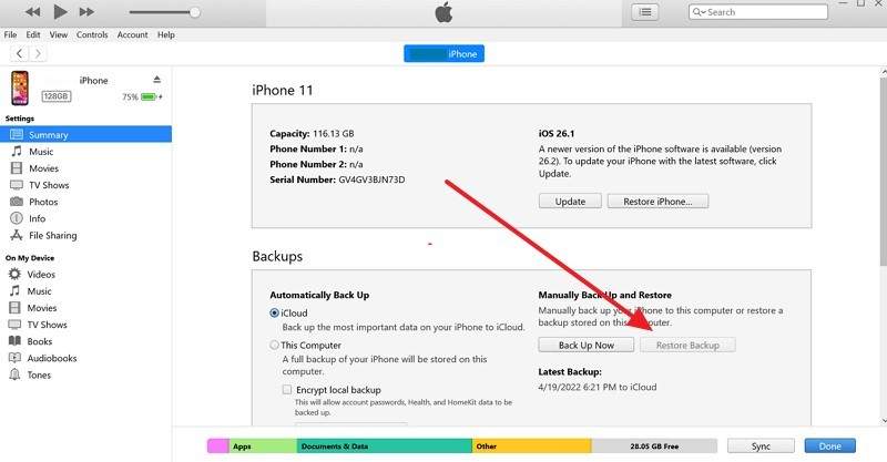 tap on restore backup