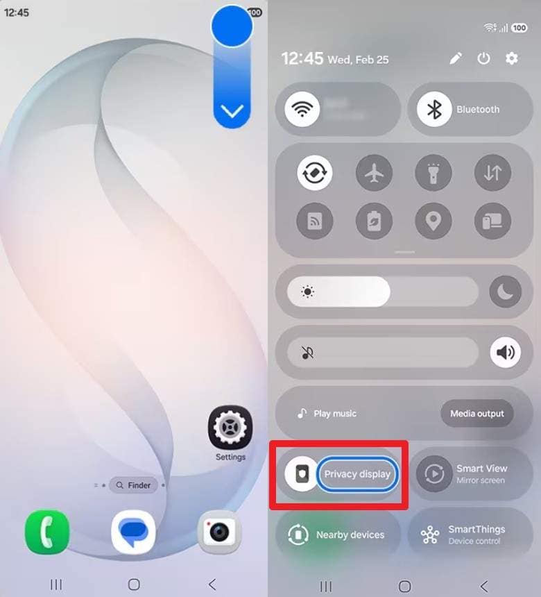 access privacy display from quick panel