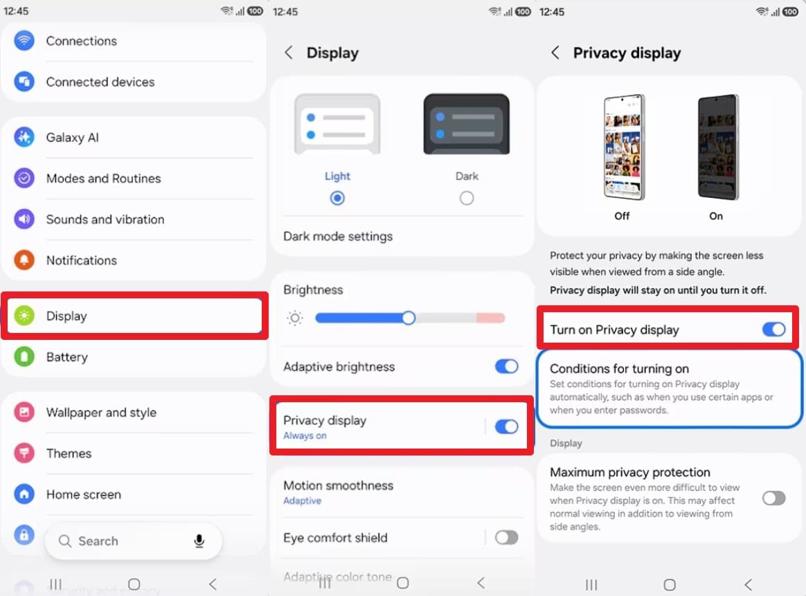 turn on the privacy display