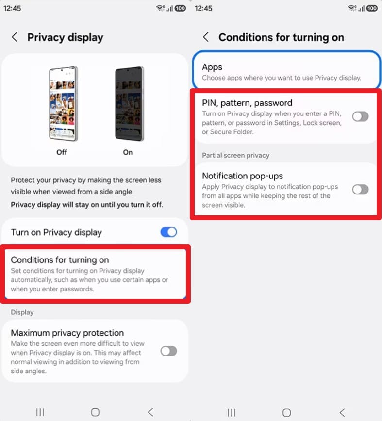 toggle options for lock and notifications