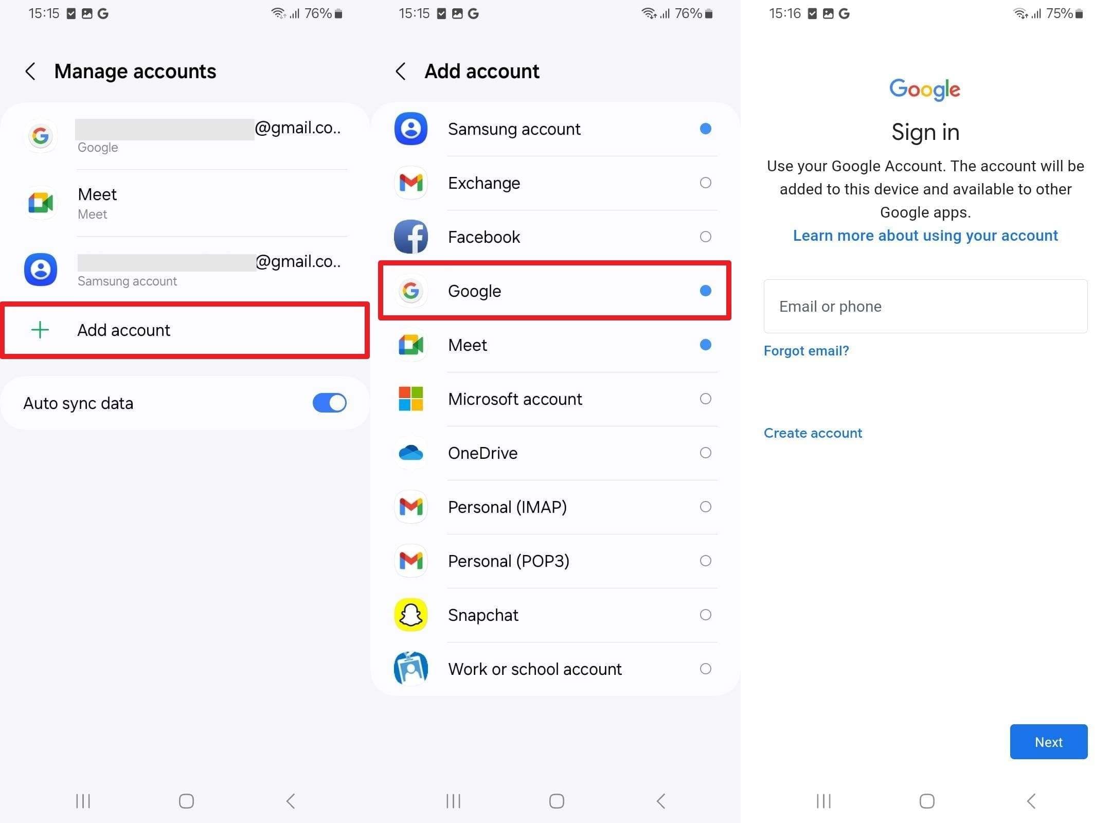 add the google account details