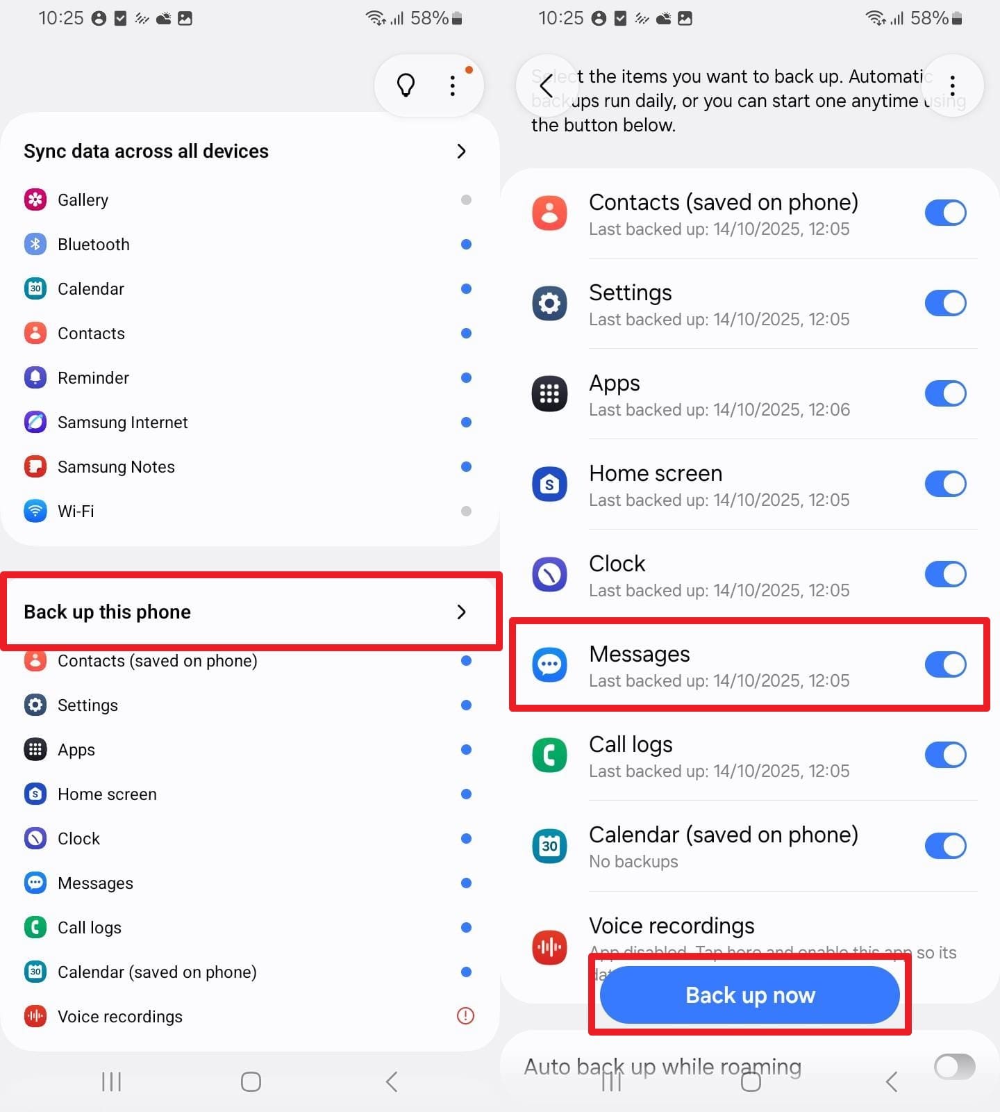 choose the backup now option