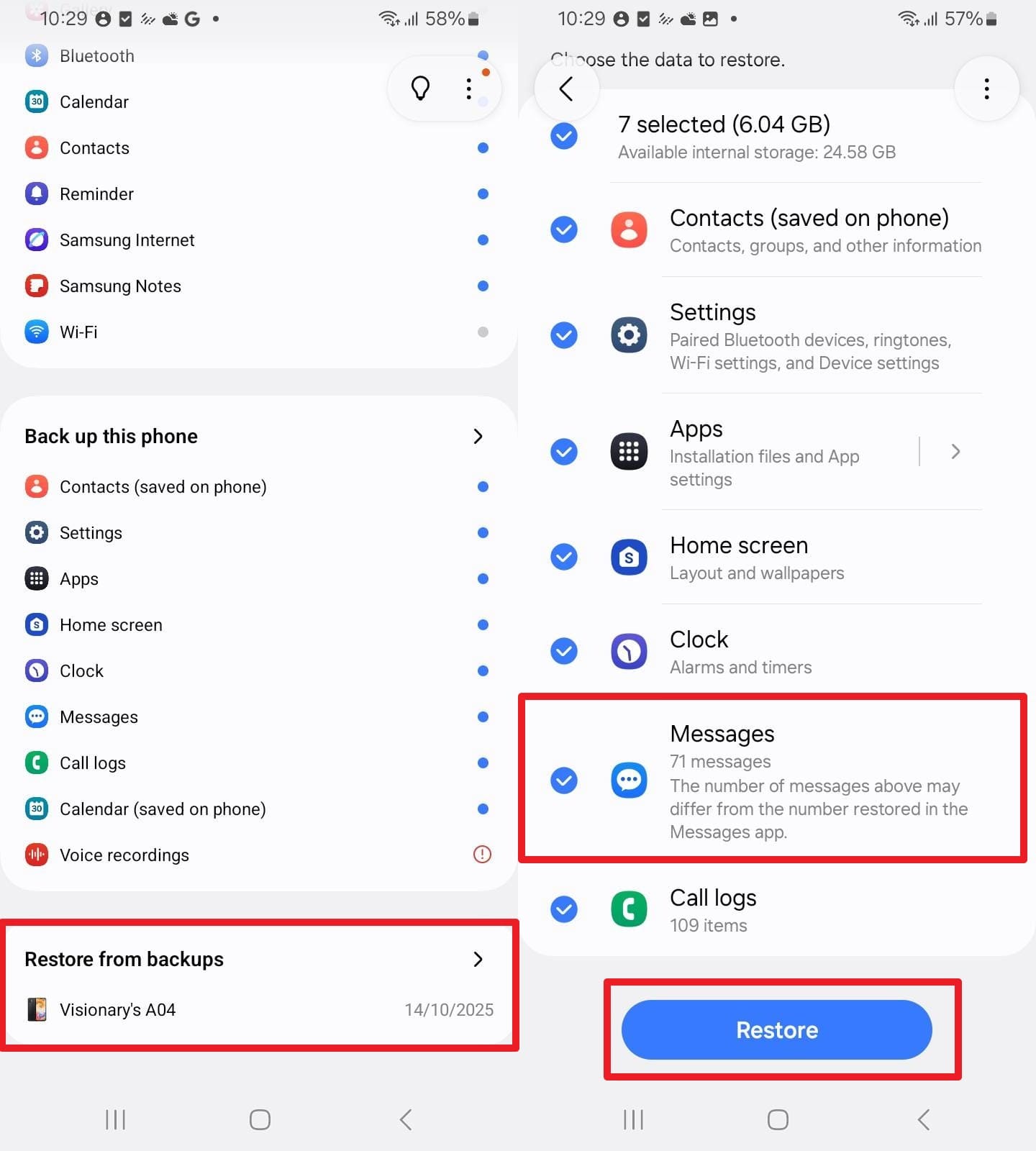 tap the messages and restore