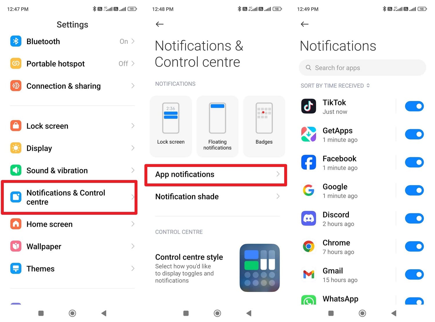 go to app notifications menu