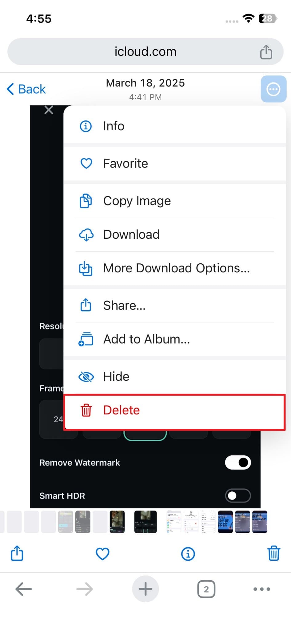 delete photo from icloud website