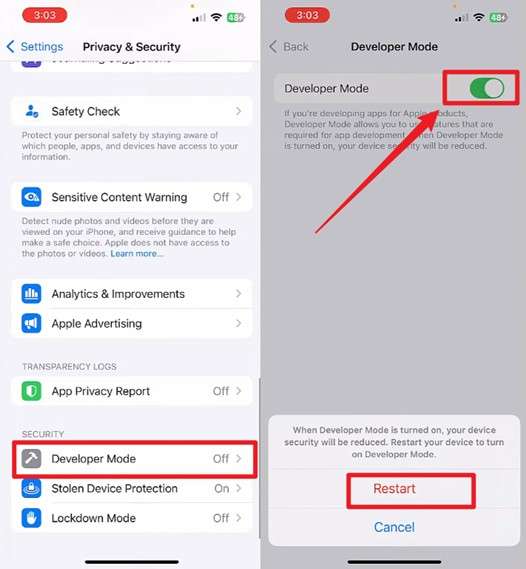 enbale developer mode and restart device