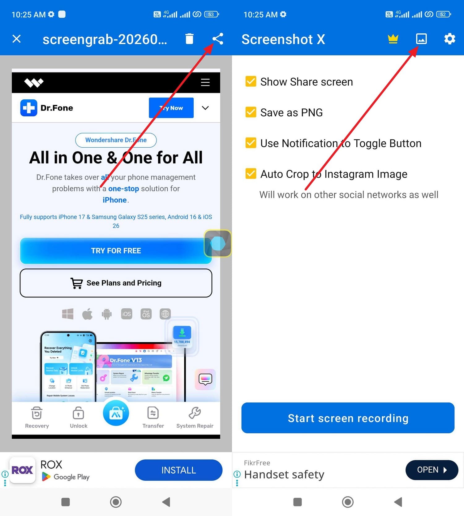share or access screenshot on app