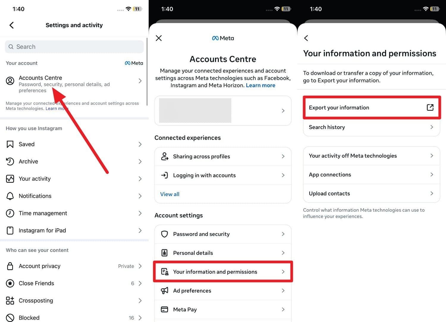tap to export your information