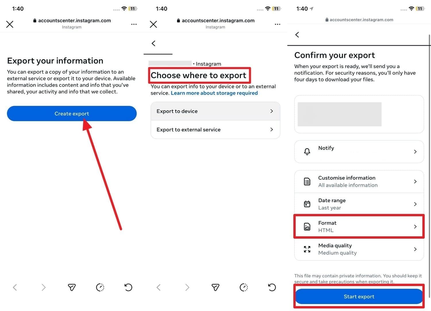 choose format and start export