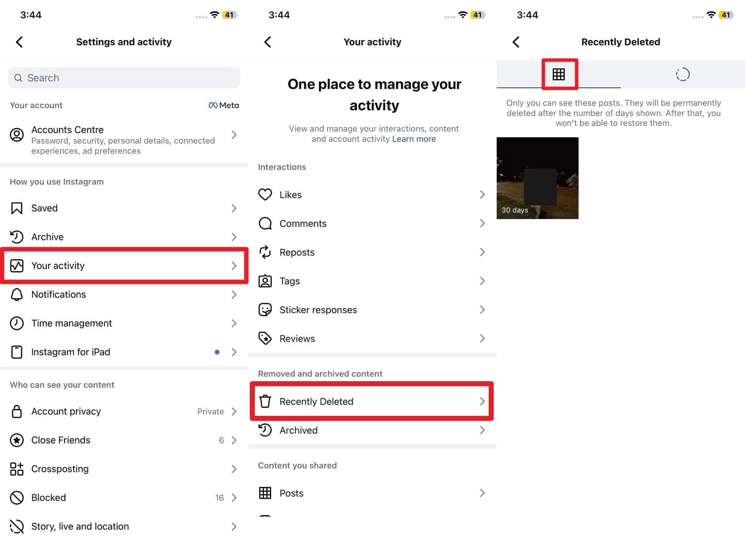 choose the recently deleted folder