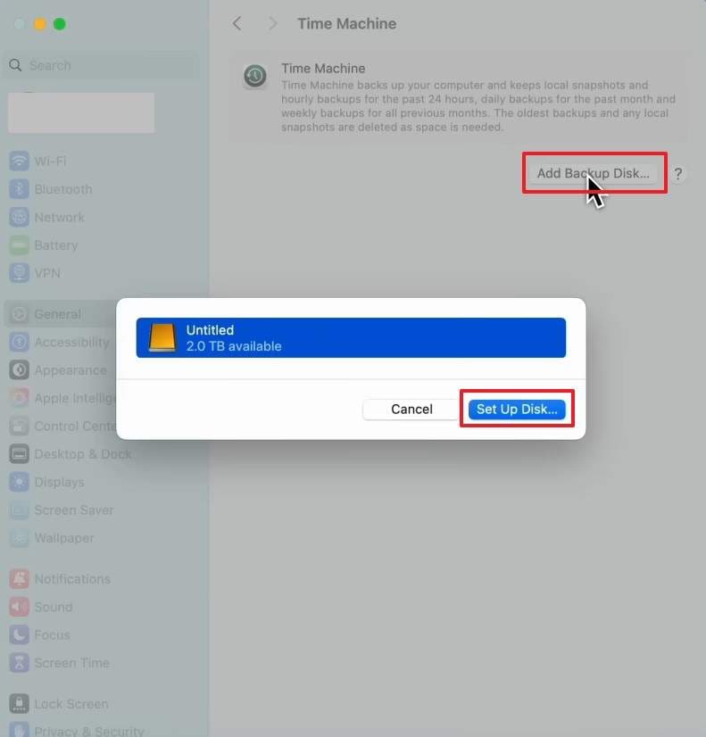 setup disk on time machine