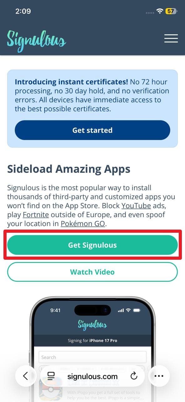press the get signulous button