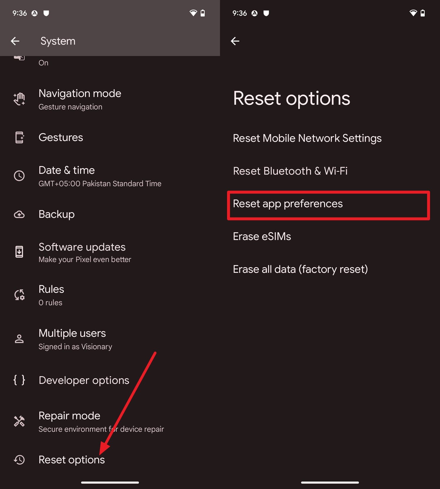 pick the reset options
