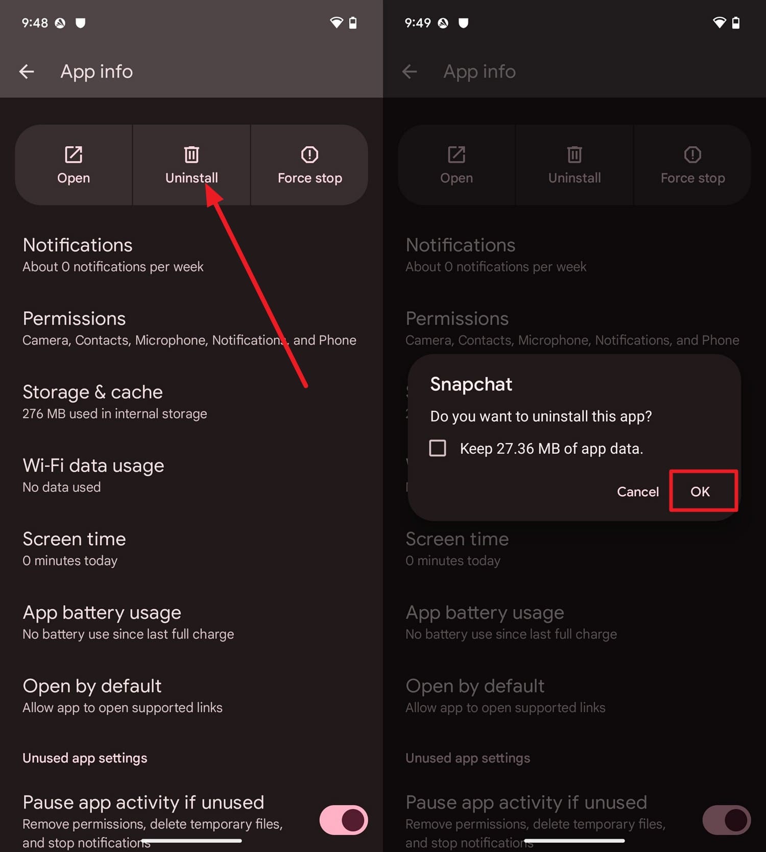 choose to uninstall the app