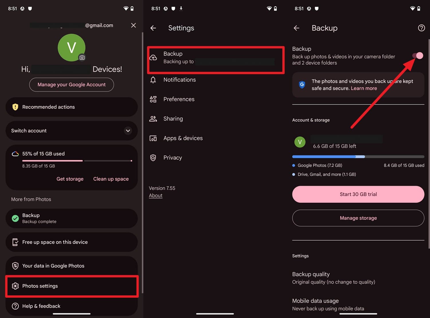 toggle on backup option