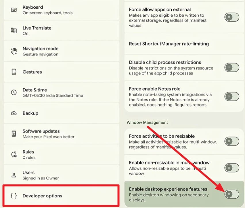 pick developer options
