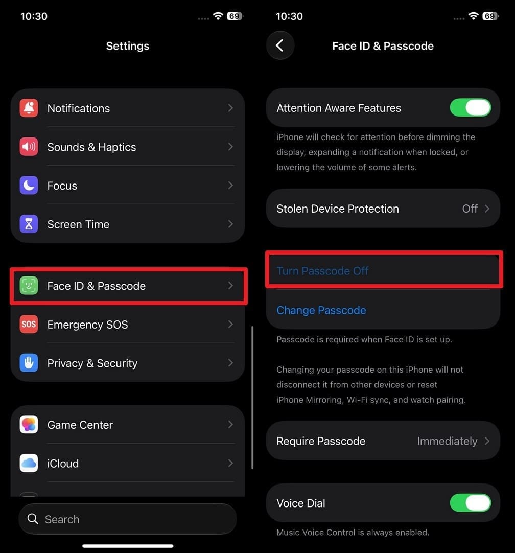 turn passcode off
