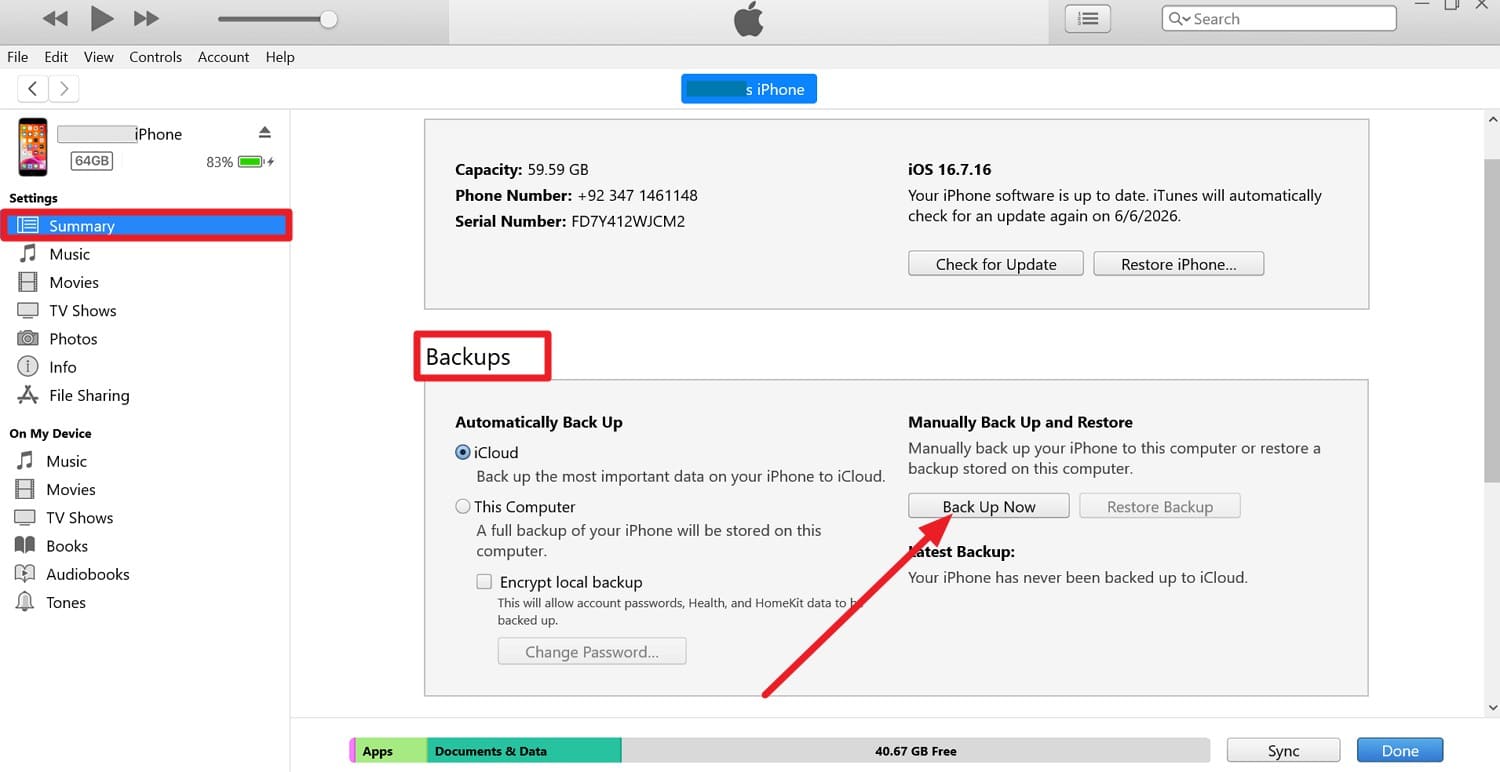 backup on itunes
