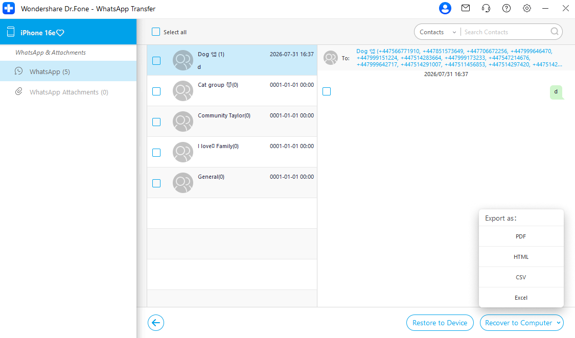 view and export whatsapp backup to pc