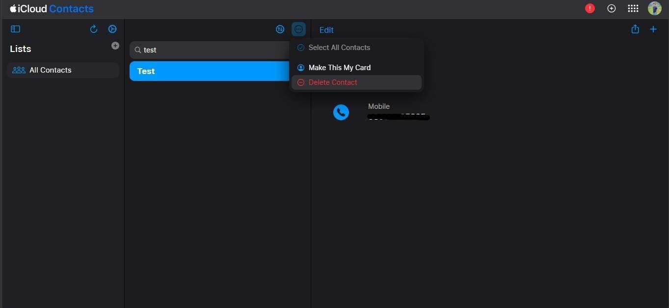 delete contact on icloud.com