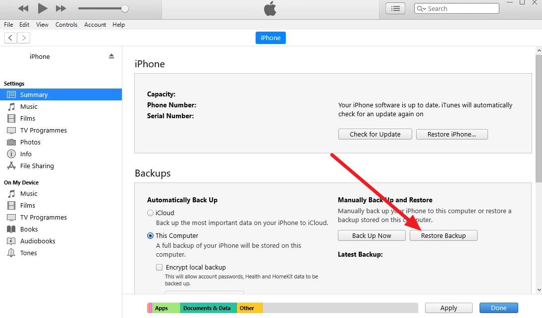 tap to restore backup