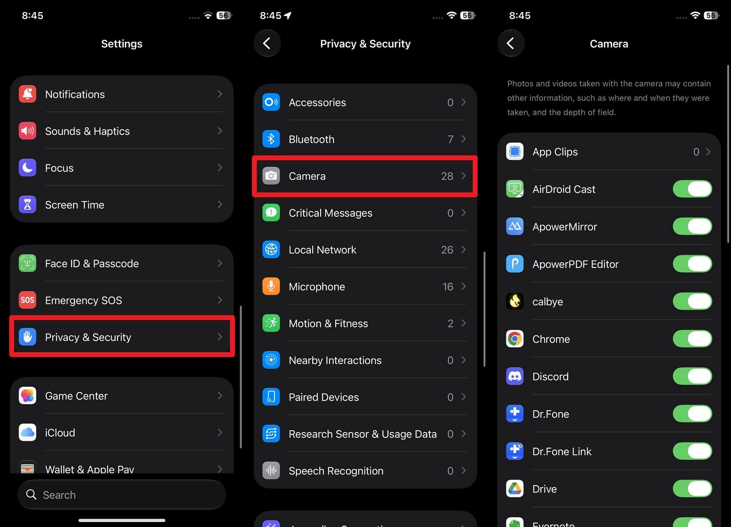 check camera toggles