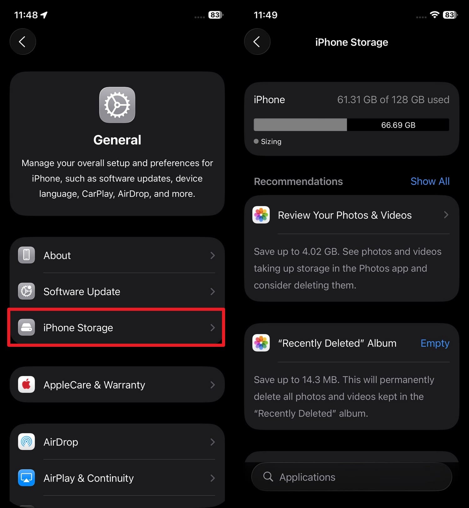 check the iphone storage