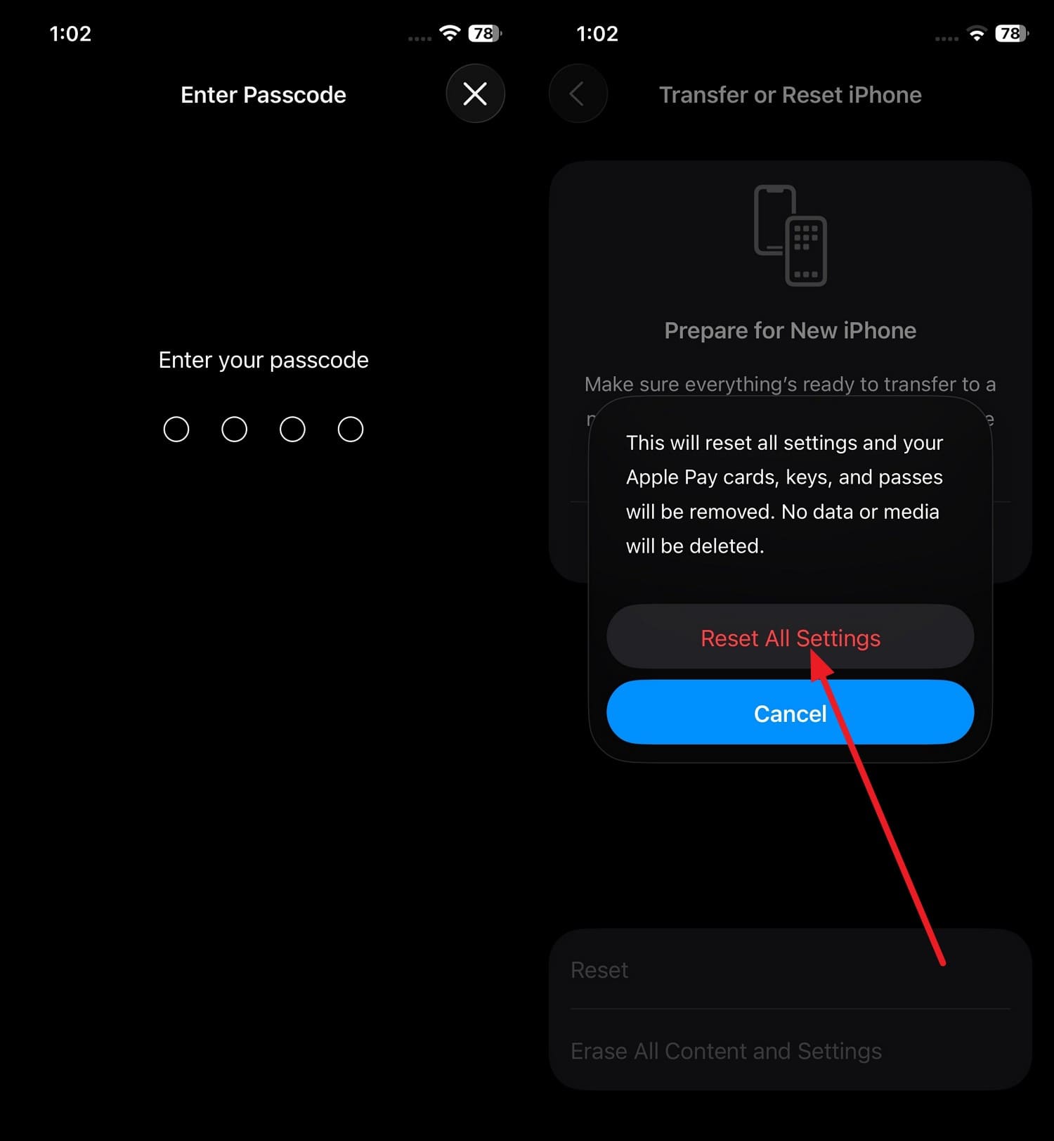 confirm reset all settings