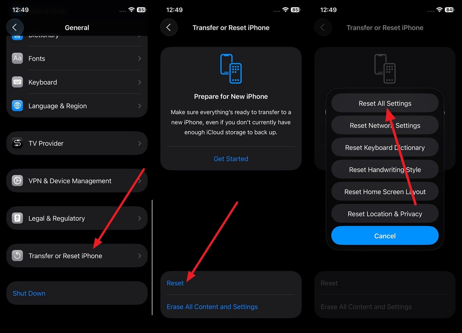 réinitialiser tous les réglages pour corriger iOS 27