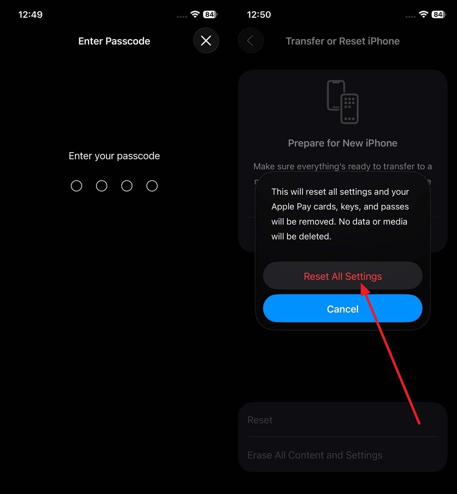 entrer le code pour réinitialiser les réglages iPhone