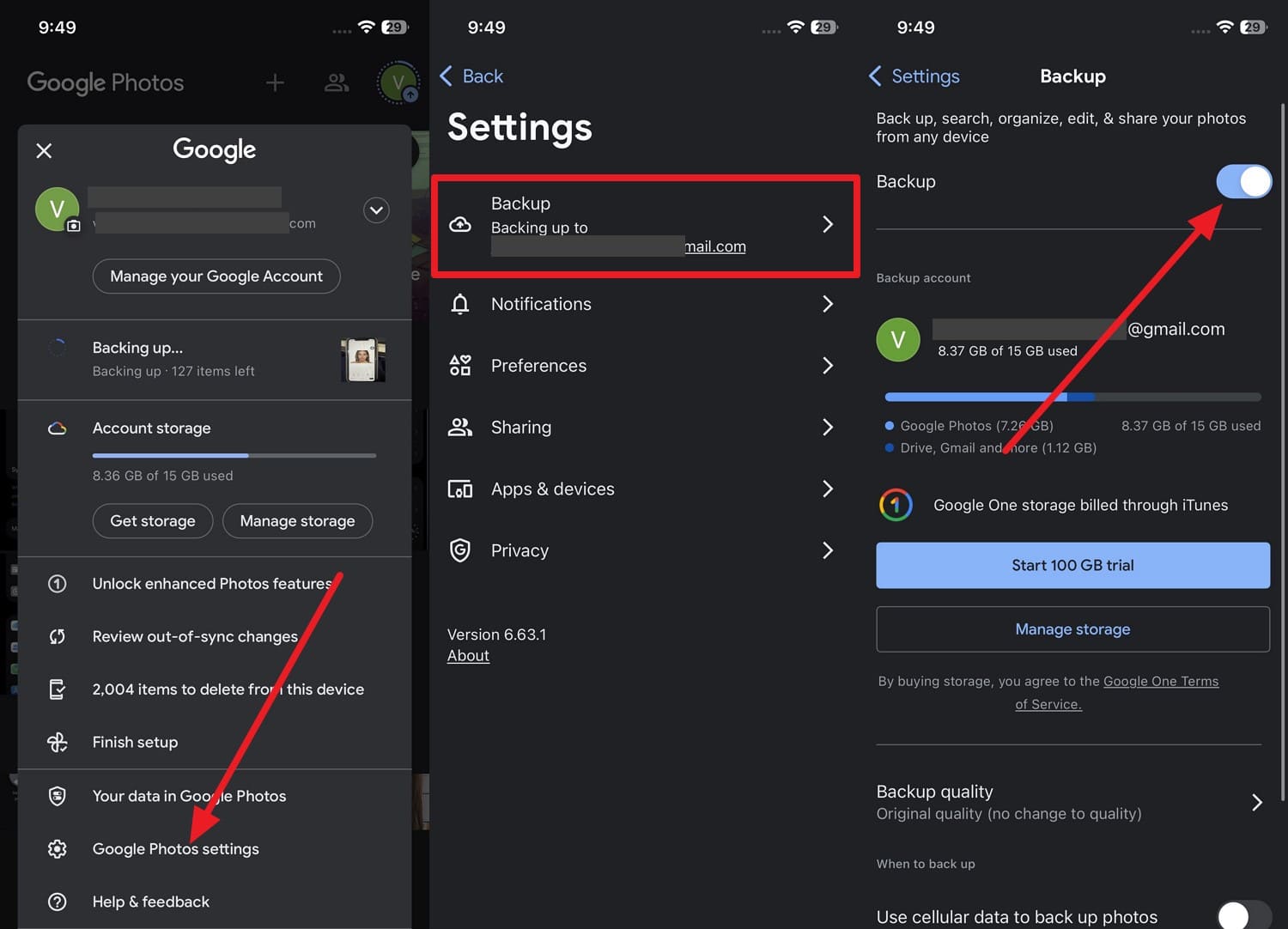 toggle backup on google photos