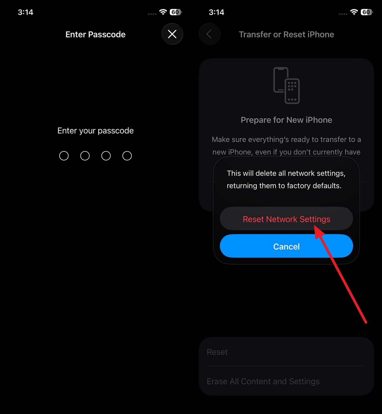 Confirmer la réinitialisation réseau pour iOS