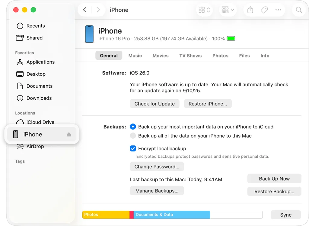 iPhone backup selection