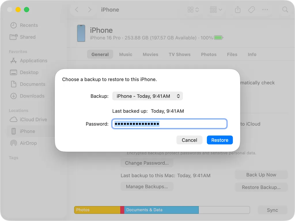 Backup password restoration
