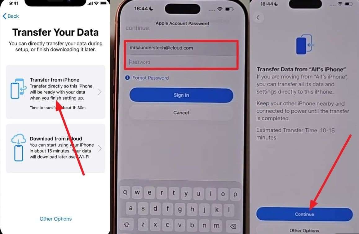 Continuer un transfert filaire entre deux iPhone
