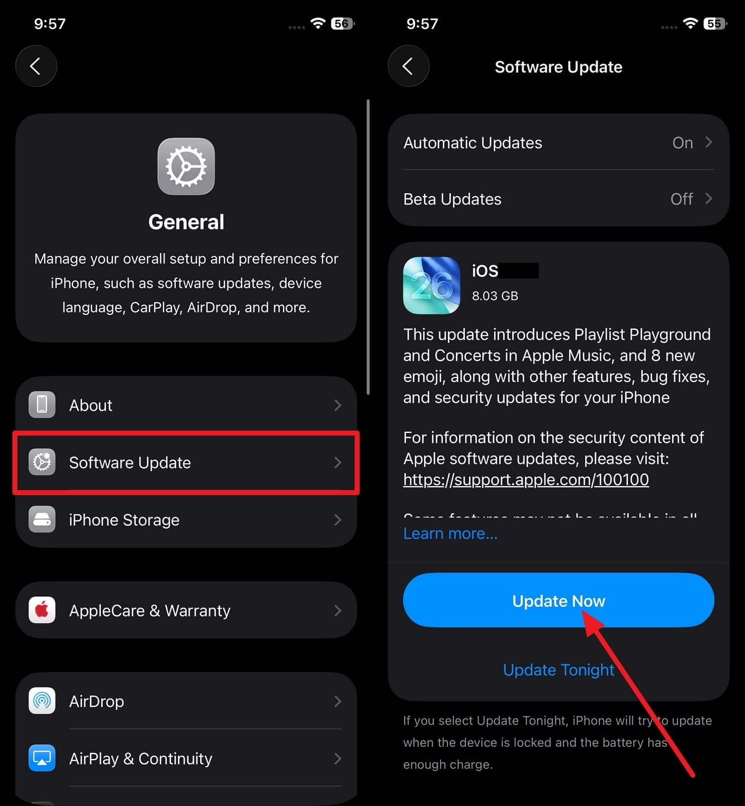 Bouton Mettre à jour maintenant dans les réglages iPhone