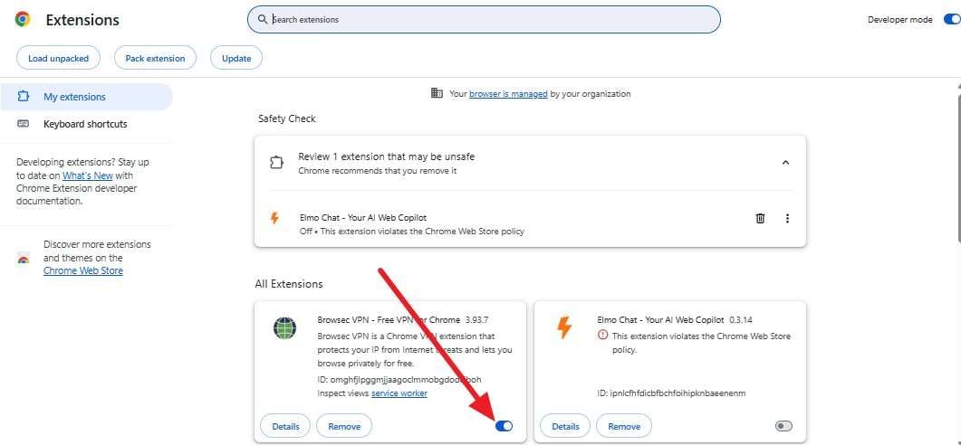 toggle off browser extension