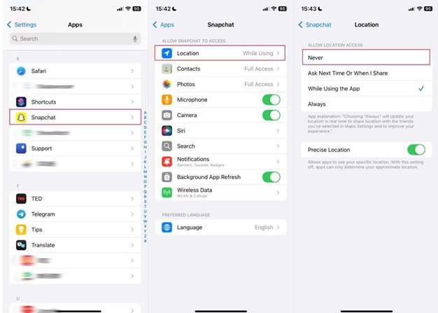 deny snapchat location access on iphone