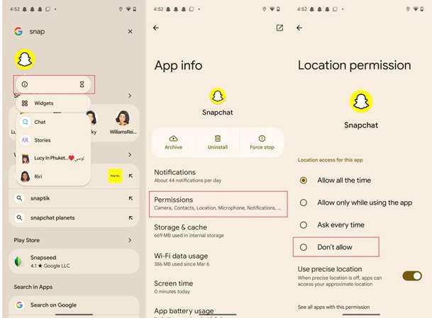 deny snapchat location access on android