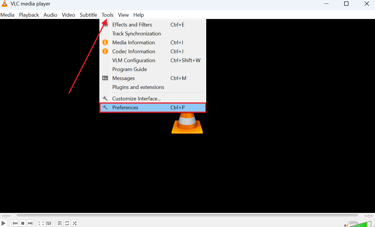 choose preferences in vlc