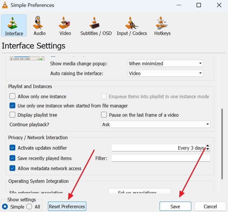 reset preferences in vlc